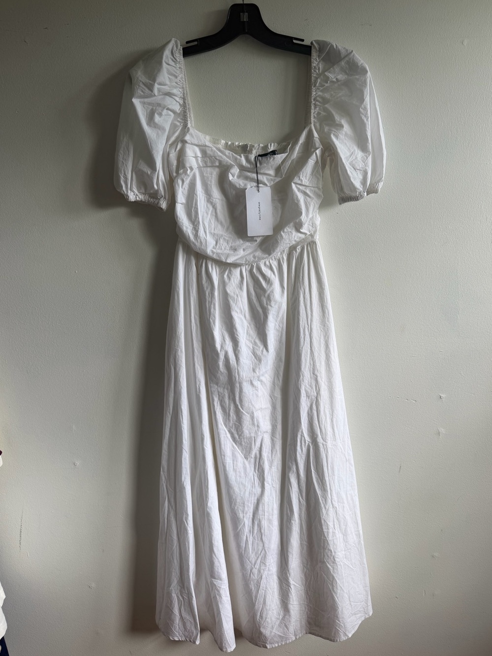 White Puff-Sleeve Square-Neck Midi Dress